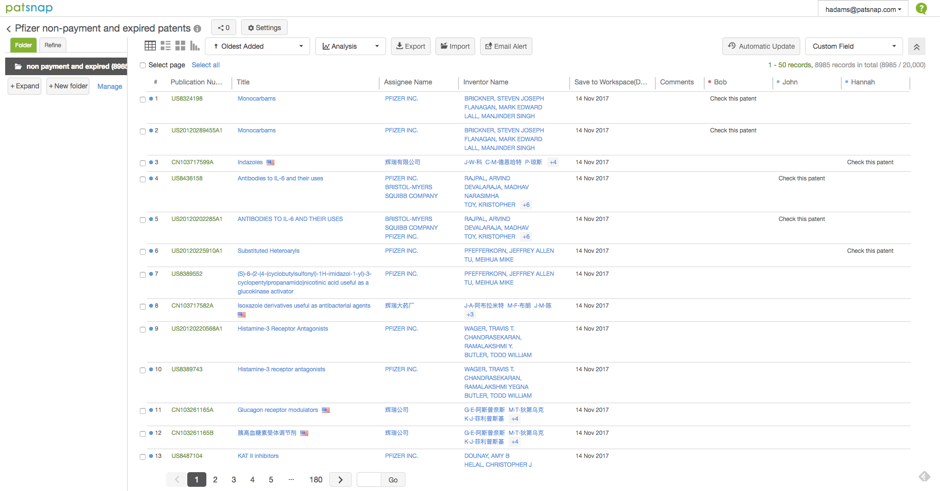 Workspace folder for Pfizer’s patents which are expired or have outstanding payments (Source: PatSnap platform)