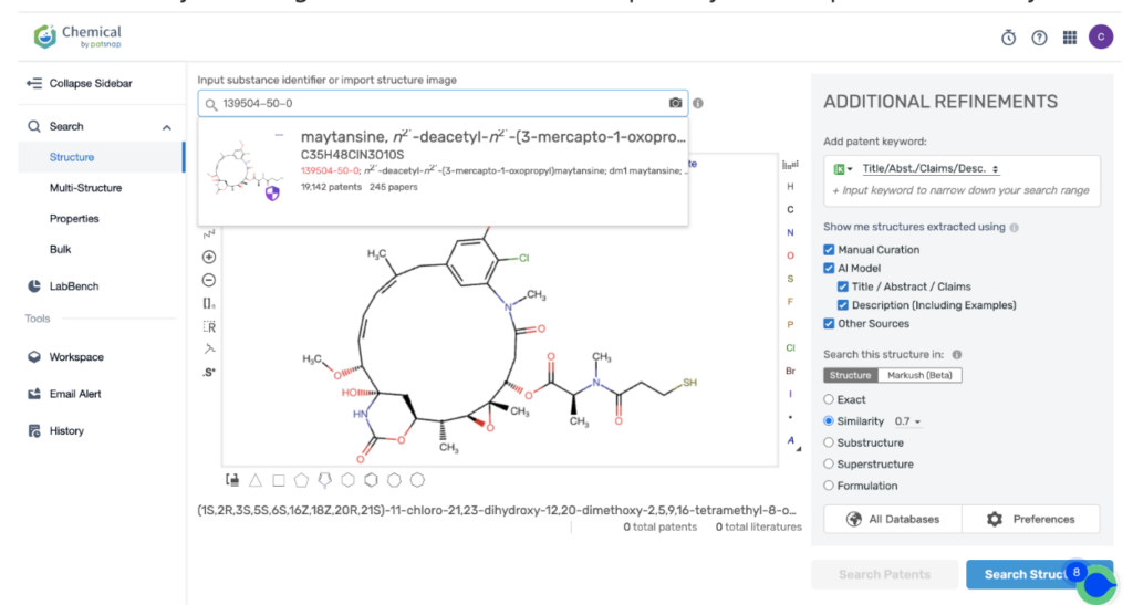 Patsnap Bio Sequence Search Chemical Database, patent details related to Kadcyla's MCC linker and its potent cytotoxic agent, DM1.