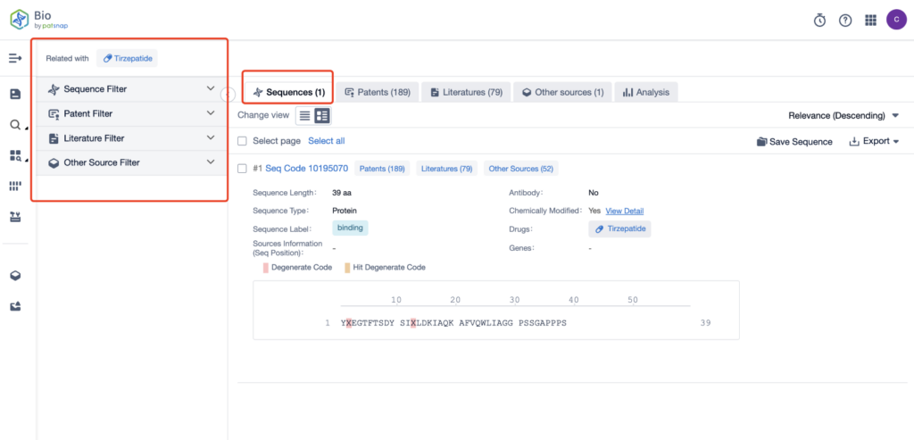 Patsnap Bio Sequence Database. Tirzepatide’s sequence, patent, literature, data from diversified sources.